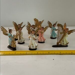 Hand-Painted Pastel Musical Angel Ornament Set (9) with Gold Wings
